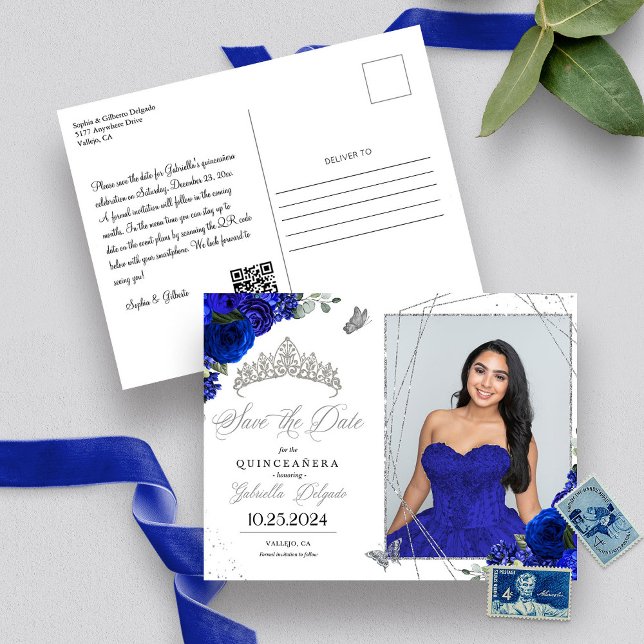 Cartão Postal Foto de Quinceañera em Azul Real e Prata Tiara (Criador carregado)