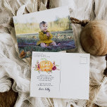 Cartão Postal Foto do Aniversário de criança Autumn Pumpkin - Ob<br><div class="desc">Projetados para combinar com os nossos convites de aniversário de outono,  estes obrigados que vocês postais apresentam uma ilustração rústica de abóbora de aquarela,  uma foto e uma mensagem pré-impressa de obrigados.</div>