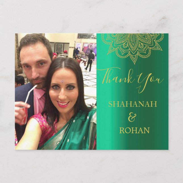 Cartão Postal Foto do casamento Estilo Dourado Verde Indiano Obr (Frente)