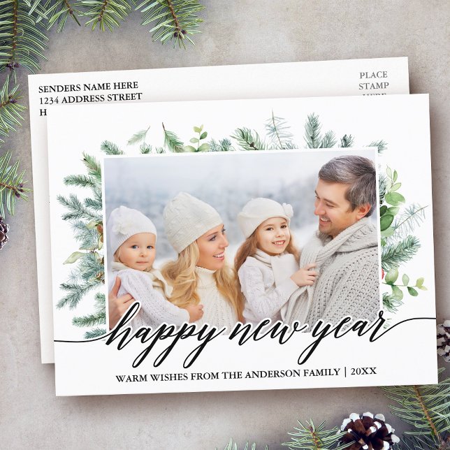 Cartão Postal Foto do Feliz ano novo de Caligrafia Pine Greenery (Customize to change your personalized text size or text style.)