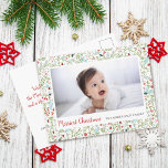 Cartão Postal Foto do padrão de Natal Floral<br><div class="desc">Este belo cartão-postal apresenta um padrão floral de Natal verde-claro,  vermelho,  azul e cinza. Script e tipografia clássica são usados com uma foto grande. A parte traseira do cartão postal pode ser personalizada ou excluir o texto de uma mensagem manuscrita.</div>