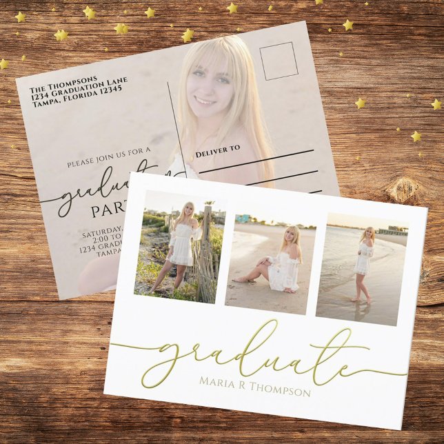 Cartão Postal Foto Dourada Simples e Moderna do Formando Minimal (Criador carregado)