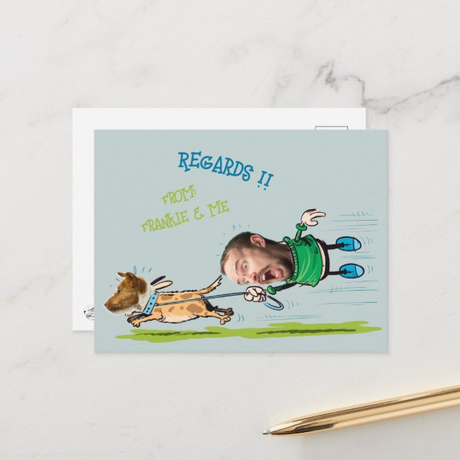 Cartão Postal Foto engraçada do rosto Homem Caminhando com o cão (Frente/Verso In Situ)