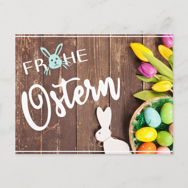 Cartão Postal Foto Frohe Ostern mit Tulpen und Hase (Frente)