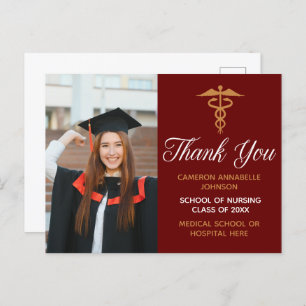 Cartão Postal Foto Médica de Graduação Dourada Maroon Obrigado