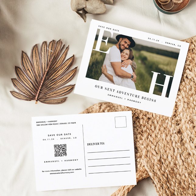 Cartão Postal Foto Mínima do Monograma do Casal de Casamento Neg (Minimal Modern Bold Wedding Couple Monogram Photo Postcard)