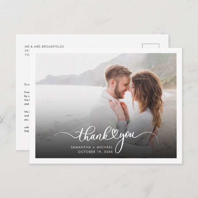 Cartão Postal Foto Moderna Casamento Manuscrito Obrigado (Frente/Verso)