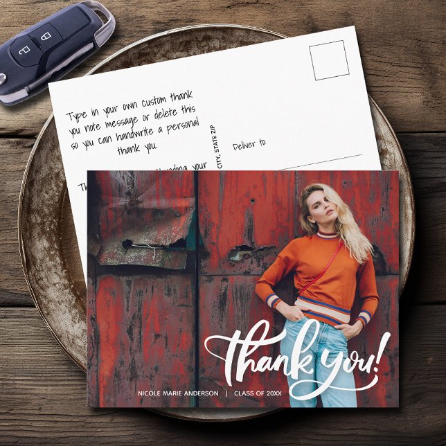 Cartão Postal Foto Moderna de Formatura Obrigado (Modern script thank you photo graduation postcards)