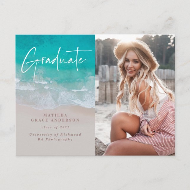 Cartão Postal Foto moderna formatura praia oceano script moderno (Frente)