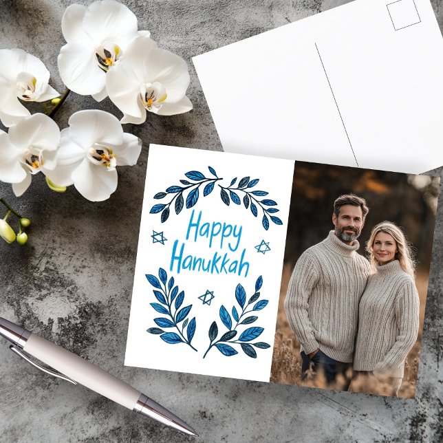 Cartão Postal Foto PERSONALIZADA de Hanukkah Botânica (Happy Hanukkah Botanical Watercolor CUSTOM PHOTO Postcard
)