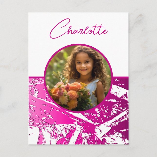 Cartão Postal Foto personalizada fuchsia e branca com nome (Frente)