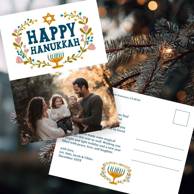 Cartão Postal FOTO Personalizada HANUKKAH Floral Wreath Menorah (HAPPY HANUKKAH Floral Wreath Menorah Custom PHOTO Postcard
)