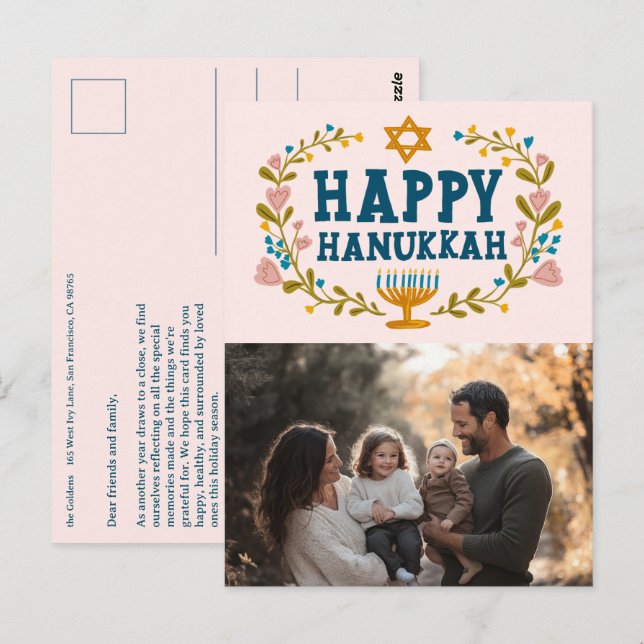 Cartão Postal FOTO Personalizada HANUKKAH Floral Wreath Menorah (Frente/Verso)