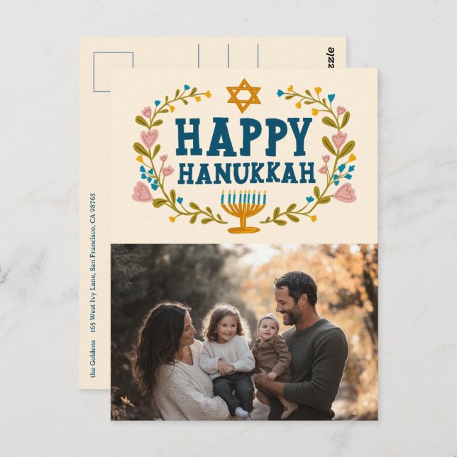 Cartão Postal FOTO Personalizada HANUKKAH Floral Wreath Menorah (Frente/Verso)
