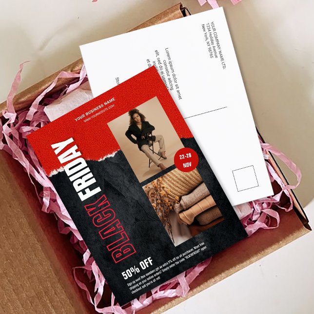 Cartão Postal Foto personalizada - Promoção do produto Red Black (Custom Photo Red Black Friday Product Promo Postcard)