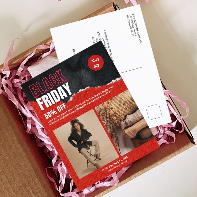 Cartão Postal Foto personalizada - Promoção do produto Red Black (Custom Photo Red Black Friday Product Promo Postcard)