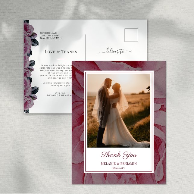 Cartão Postal Foto personalizada Romântica Floral Obrigado Cartã (Custom Photo Romantic Floral Thank You Postcard)