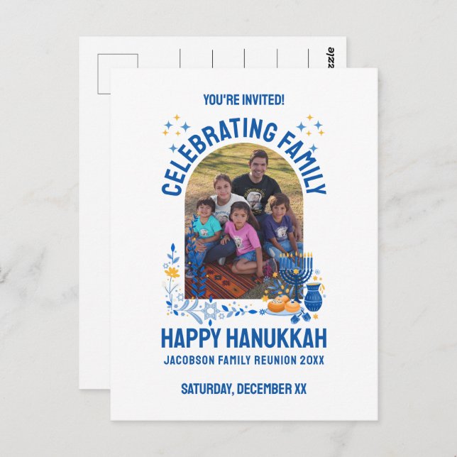 Cartão Postal Foto personalizável de REUNIÃO DA FAMÍLIA HANUKKAH (Frente/Verso)