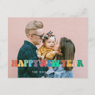 Cartão Postal Foto retrô de Ano Novo Feliz Hippie dos anos 60