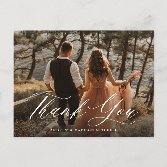 Cartão Postal Foto Romântica da Caligrafia Branca Obrigado (Frente)