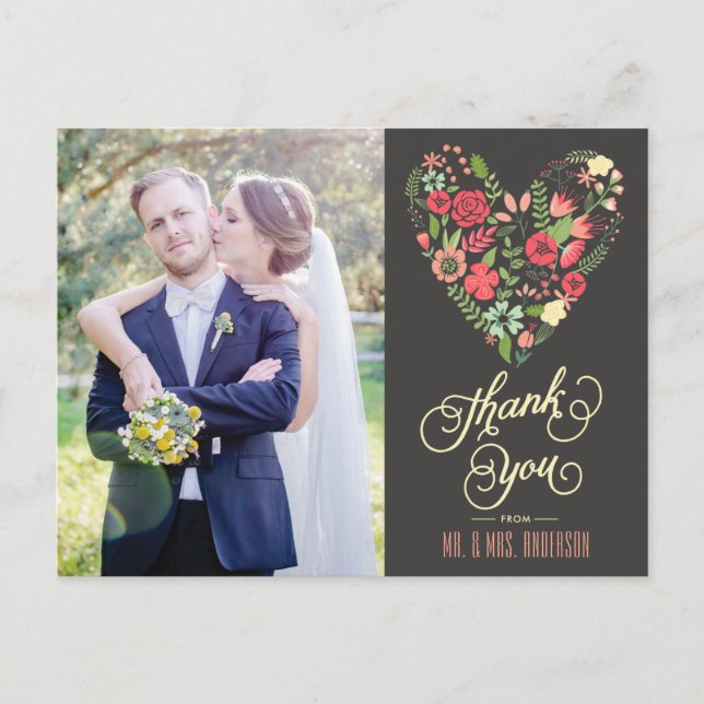 Cartão Postal Foto Romântica De Coração Floral Obrigado Cartão-P (Frente)