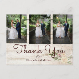 Cartão Postal Foto Rustic Wood Floral Casamento Obrigado