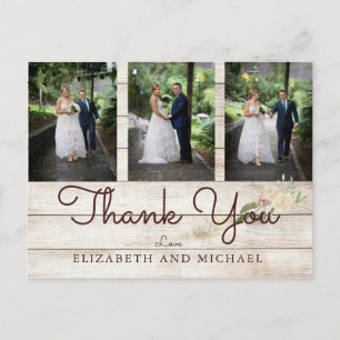 Cartão Postal Foto Rustic Wood Floral Wedding Modern Obrigado