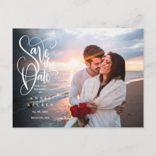 Cartão Postal Foto Save the Date Elegante Roteiro Branco Moderno