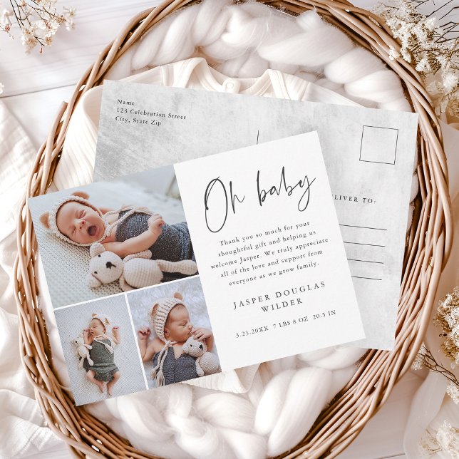 Cartão Postal Foto Simples 3 Oh Querida Obrigado (Simple 3 photo oh baby announcement thank you postcards.)
