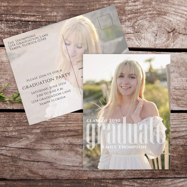 Cartão Postal Foto Simples e Simples Moderna do formando (Elegant Graduation photo invitation postcard with a 2-photo template. )