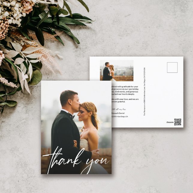 Cartão Postal Fotografia da chic - casamento, obrigado (Modern Wedding thank you postcards. 2 custom photos and personal message.)