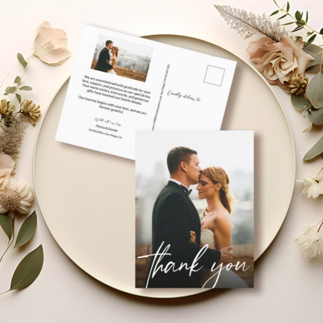 Cartão Postal Fotografia da chic - casamento, obrigado (Elegant and chic photo wedding thank you postcards.)