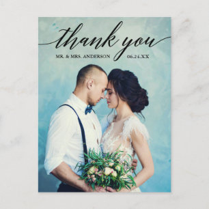 Cartão Postal Fotografia de casamento de caligrafia obrigado