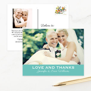 Cartão Postal Fotografia de casamento Teal Bold Love and Thanks