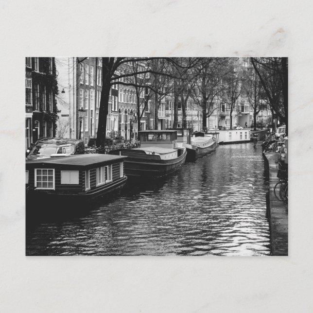 Cartão Postal Fotografia do Canal de Amsterdã Preto e Branco (Frente)