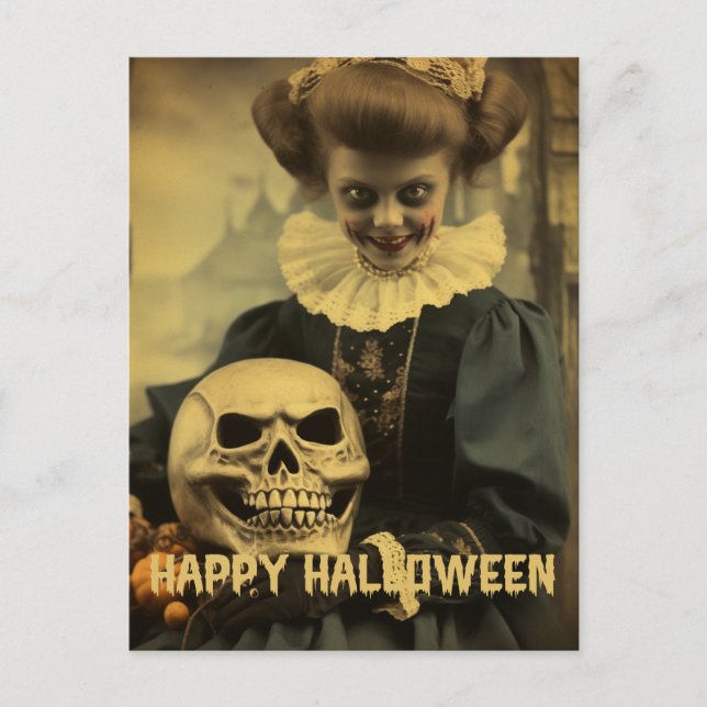 Cartão Postal Fotografia retrô menina bruxa má fofa de Halloween (Frente)