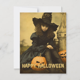 Cartão Postal Fotografia retrô menina bruxa má fofa de Halloween