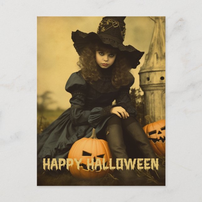 Cartão Postal Fotografia retrô menina bruxa má fofa de Halloween (Frente)