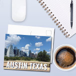 Cartão Postal Fotografia Skyline na Cidade de Austin do Texas<br><div class="desc">Este cartão-postal moderno de Austin Texas apresenta belos céus azuis e nuvens sobre o horizonte da cidade. Todos os novos prédios contra as bonito árvores verdes que epitomizam a beleza do centro urbano e a natureza do lugar. Cartões postais viagem de excelente para uma manutenção ou para uma Austinita local...</div>