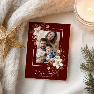 Cartão Postal Fotos de Natal Floral Branco Feliz Férias