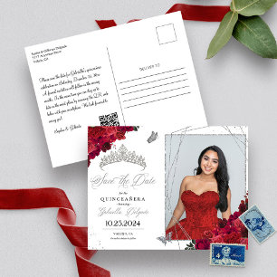 Cartão Postal Fotos de Quinceañera com Rosas Vermelhas e Tiara d