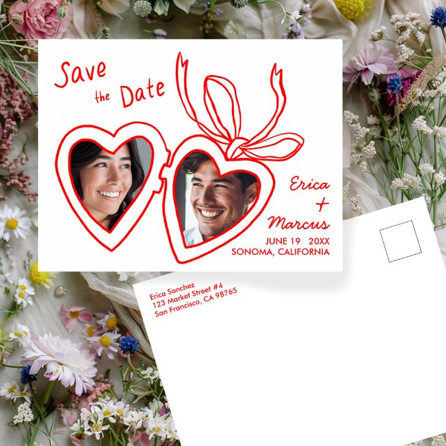Cartão Postal Fotos personalizadas de bloqueio cardíaco bonito S (Cute Heart Locket Custom Photos Save the Date Postcard
Red and White Doodle Wedding Engagement)