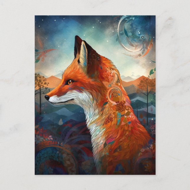 Cartão Postal Fox Abstrato Surreal Modern Boho Fantasy Art (Frente)