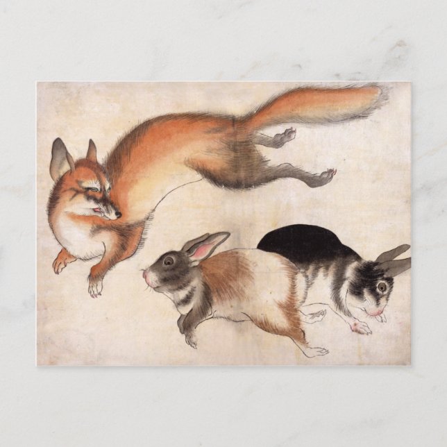 Cartão Postal Fox and Two Hares, pintura japonesa venenosa (Frente)