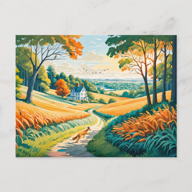 Cartão Postal Fox correndo em campo no outono Farmland (Frente)