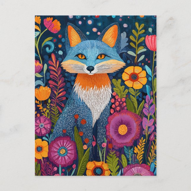 Cartão Postal Fox Dot Art Vibrante Em Meio À Flora Esbuvada (Frente)