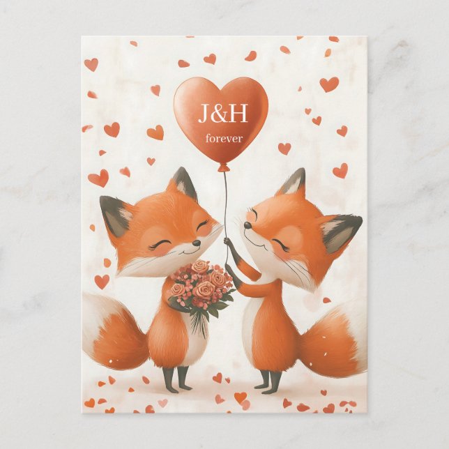 Cartão Postal Fox Love Design com Iniciais Personalizáveis (Frente)
