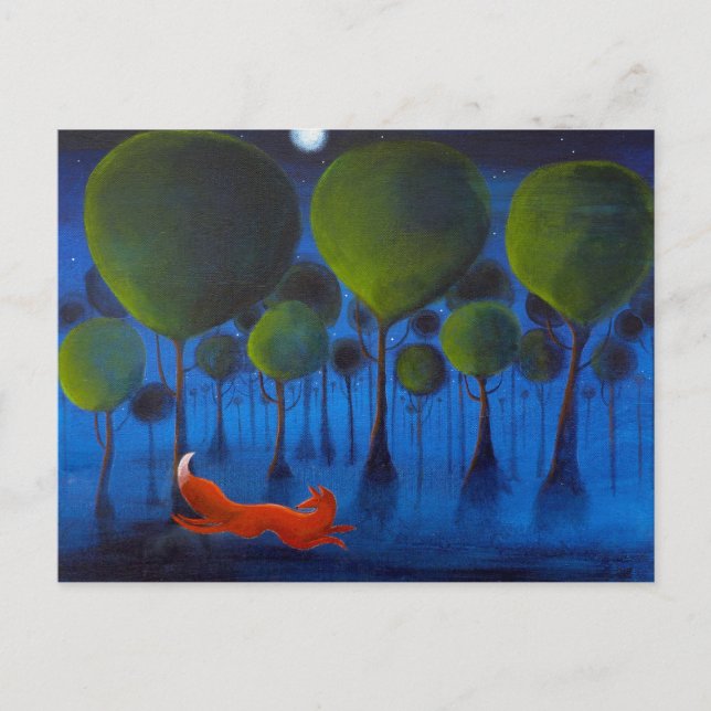 Cartão Postal Fox que funciona na floresta na noite (Frente)