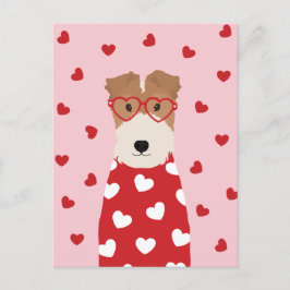 Cartão Postal Fox Terrier Dog Óculos Cardíacos Rosa