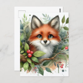 Cartão Postal Fox Vermelha de Aquarela Adorável